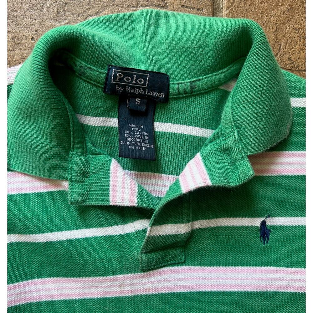 Vintage Polo Ralph Lauren Boys Size 5 Green Striped Polo Shirt Short Sleeve - Picture 2 of 3